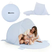 HyperMotion Samorazklopni plažni šotor 200 x 130 x 90 cm svetlo moder - samodejni pop-up sistem, jekleno ogrodje, 4 obtežilni žepi, teža 0,8 kg