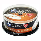 HP CD-RW, CWE00019-3, 69313, 25 pakiranj, 700 MB, 4-12x, 80 min., 12 cm, brez možnosti tiskanja, škatla za torto, za arhiviranje podatkov