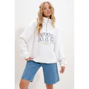 Trend Alaçati Stili Womens White Stand Collar Zipper Front Embroidered Oversize 3 Thread Ribbed Unisex Sweatshirt
