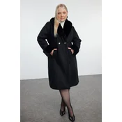 Trendyol Curve Black Regular Fit Fur Detailed Collar and Sleeve Wool Blend Cashmere Coat
