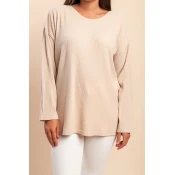 Plus size majica z okroglim ovratnikom, bež