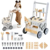 Mamabrum Večnamenski Leseni Hoduljček s Potisnikom in Delavnico - Komplet 3 v 1, Edukativna Igrača za Malčke, Starost 12+ Mesecev