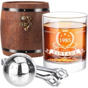 Darilni komplet za viski 1985 Vintage, kozarec 340 ml iz stekla brez svinca, hladilna krogla iz nerjavnega jekla, elegantna lesena škatla v obliki sodčka, unikatno darilo za očeta ali dedka za