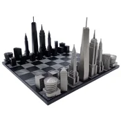 Casa Padrino luxury chess set black / white / gray 38 x 38 cm - New York Skyline Chess Set - Wooden chess board with stainless steel chess pieces - Luxury decorative accessories