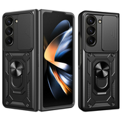 Oklepni ovitek MaX-Armor z obročem, kovinsko ploščico in zaščito zadnjih kamer za Samsung Galaxy Z Fold6 - army black
