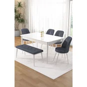 Hanah Home trpezarijski set Pir, sto, 4 stolice i klupa, bela ploca, dimno siva tkanina Babyface