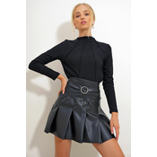 Trend Alaçati Stili Womens Black Stand Collar Ribbed Stitched Knitted Blouse