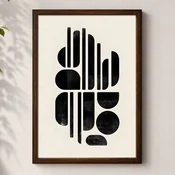 WallXpert uramljena MDF slika 3752KACT-024, apstraktne crne geometrijske forme na krem pozadini, 37 x 52 cm