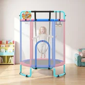 Costway Otroški trampolin 154 cm modri 6 v 1 z gimnastično palico gugalnico in obroči