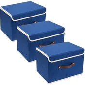 Zložljiv organizator za shranjevanje s pokrovom mornarsko moder 3 kosi 38x25x25cm, komplet škatel iz poliestra in tkanine Oxford z ojačano konstrukcijo za oblačila, dokumente in organizacijo doma