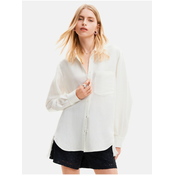 White Womens Oversize Shirt with Linen Blend Desigual Fringes - Women