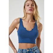 Happiness Istanbul Womens Indigo Blue Strappy Crop Knitted Blouse