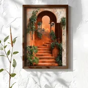 WallXpert uramljena MDF slika NAL183-46, terakota stepenice pod lukom obrasle zelenilom, 35,5 x 47 cm