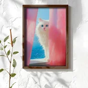 WallXpert uramljena MDF slika NAL064-70, bela macka viri kroz roze zavese ispred mora, 50 x 70 cm