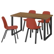 SKALSTA Miza in 4 stoli, imitacija oreha črnosiva v obliki črke U/plastična rdeča profilirana kovina/črnosiva, 140x80 cm