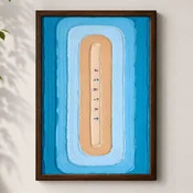 WallXpert uramljena MDF slika 3752KACT-049, apstraktna pešcana plaža okružena plavim talasima, 37 x 52 cm