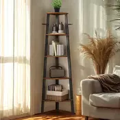 Songmics Kotna polica 5-nadstropna knjižna lestvica 372x372x159 cm rjava