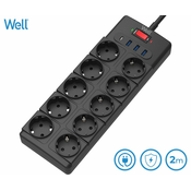 WELL EXTS-10S2M prenapetostna zaščita, 10x vtičnica 230V + 3x USB, 1xUSB-C, 16A, 3680W, 2m