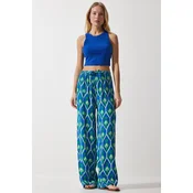 Happiness Istanbul Womens Blue Green Patterned Flowing Viscose Palazzo Trousers