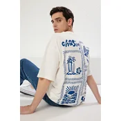 Trendyol Ecru Oversize/Wide Cut Printed 100% Cotton T-Shirt