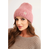 Kesi Womens winter hat made of fluffy knit with an elegant button dark pink