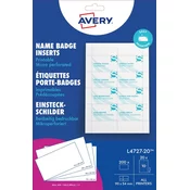 Avery Zweckform papirne predloge za imena za priponke L4727-20. Velikost vložnih kartončkov je 90 x 54 mm, za tiskanje so primerni vsi tiskalniki. V zavitku je 20 listov, vseh kartončkov je 200.