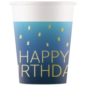 Modri papirnati kozarci z napisom Happy Birthday, set 8 kosov, 200 ml