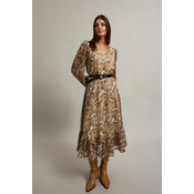 Womens dress with puffed sleeves and animal print MOODO - beige