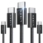 Komplet od pet USB-C u USB-C 60W pletenih kabela za punjenje i prijenos podataka razlicitih duljina (2x 1m / 2x 2m / 1x 3m) - crni
