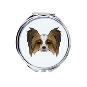 Papillon, kontinentalni španjel - ogledalo s fotografijo in geometrijskim napisom znamke