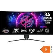 Zaslon MSI MPG 346CQRF X24 34/UWQHD/240Hz/0,5ms/ukrivljen/HDR400/USB-C 98W/nastavljiv po višini/črn