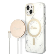 Guess originalna maska + punjač za iPhone 15/14/13 6.1 GUBPP14SHMEACSH Marble MagSafe bijela