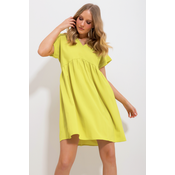 Trend Alaçati Stili Womens Oil Green V-Neck Double Sleeve Flounce Woven Dress