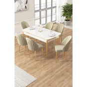 Hanah Home trpezarijski set Edaf, sto na razvlacenje i 6 stolica, bela ploca, zlatne noge, krem tkanina Babyface