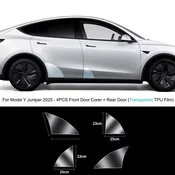 PPF zaščita robov vrat Tesla Model Y Juniper – transparentna TPU folija – Konfiguracija: 4 kosi – Sprednji vogali + zadnja vrata – PPF TPU