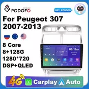 Podofo Car Radio Android10 GPS Navigation Multimedia Player For Peugeot 307 2007-2013 2din Car Stereo 4G Carplay DSP WiFi Video