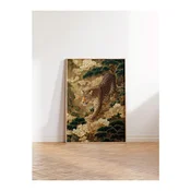 WallXpert uramljena slika 115251, leopard medu borovima i belim cvetovima, 50 x 70 cm, ram u boji prirodnog drveta