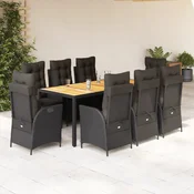 9-dijelni vrtni blagovaonski set s jastucima crni od poliratana Crna Dužina stola 190 cm