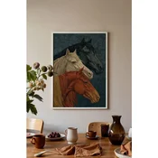 WallXpert uramljena slika 115196, tri konja, crni, beli i ridi, na tamnoplavoj pozadini sa lišcem, 30 x 40 cm, beli ram