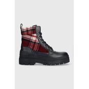 Gležnjace Tommy Hilfiger FEMININE TARTAN LACE UP BOOTIE za žene, boja: tamno plava, ravni potplat, FW0FW07670