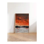 WallXpert uramljena slika 115217, apstraktni zalazak sunca nad morem u narandžastim tonovima, 50 x 70 cm, ram u boji prirodnog drveta
