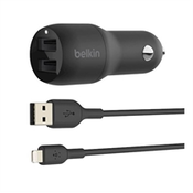 Belkin - Punjac za auto Belkin + kabal za punjenje USB-A na Apple Lightning, 2 ulaza, 24 W, crni