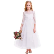 Dekliška maksi obleka za posebne priložnosti, elegantna, čipkasta, bela, velikost 140 cm, idealna za poroke, krste, obhajila, rojstne dneve, plesne gale, s skrito zadrgo na hrbtu, iz poliestra, čipke