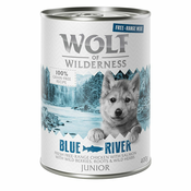 Varčno pakiranje Wolf of Wilderness Junior Free-Range Meat 24x400 g - Blue River - piščanec iz proste reje & losos