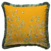 Casa Padrino luxury decorative pillow shrubs with flowers & birds yellow/multicolored/green 45 x 45 cm - Printed velvet cushion with fringes - Luxury decorative accessories