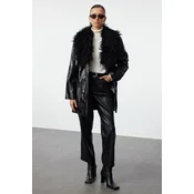 Trendyol Black Oversize Molded Collar Faux Leather Jacket Coat with Fur Detail