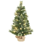 HOMCOM Majhno visoko božično drevo 60 cm z 35 vgrajenimi belimi LED lučmi, mini božično drevesce z 68 gostimi in negorljivimi vejami z podstavkom iz tkanine, zelena