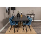 Venture Design Jedilna miza in komplet žametnih jedilnih stolov, miza 76x180x85 cm, stol 57x76,5x50 cm, črna, modra