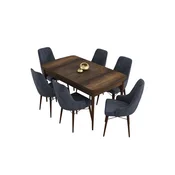 Hanah Home trpezarijski set Kar, sto na razvlacenje i 6 stolica, ploca u dekoru drveta Baroque, antracit tkanina Babyface