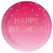 Roza barvni rojstnodnevni papirnati krožniki z napisom Happy Birthday, set 8 kosov, 23 cm